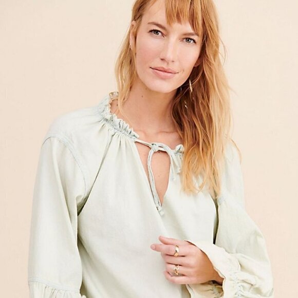 Free People Alpine Denim Top Size Small Long Sleeve Peasant Style - Picture 4 of 13